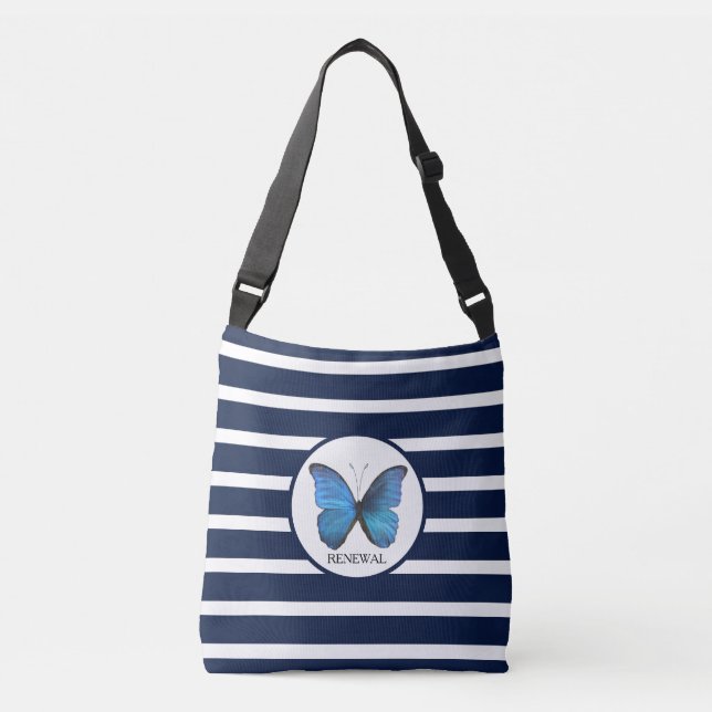 Butterfly on Blue and White Stripes Crossbody Bag (Front)