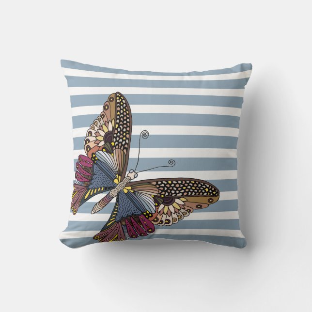 Butterfly on Blue & White Stripes Throw Pillow (Front)