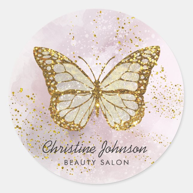 butterfly on FAUX glitter watercolor design Classic Round Sticker (Front)