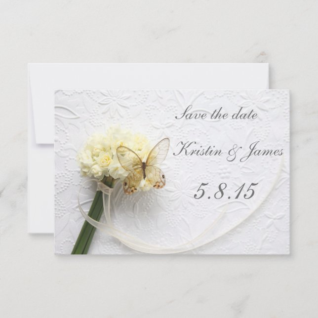 Butterfly on flower bouquet save the date (Front)