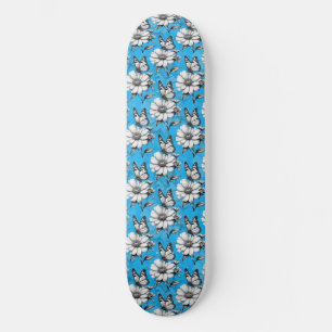 Butterfly On Flower Pattern Blue Design Skateboard