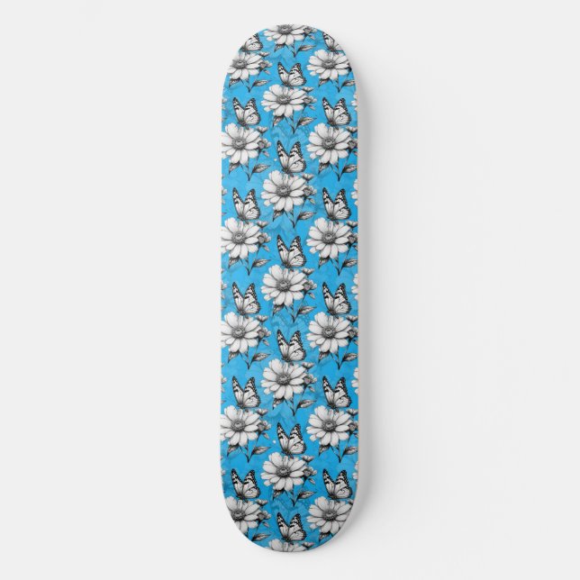 Butterfly On Flower Pattern Blue Design   Skateboard (Front)