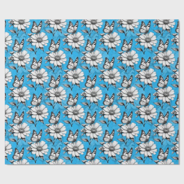 Butterfly On Flower Pattern Blue Design   Wrapping Paper (Flat)