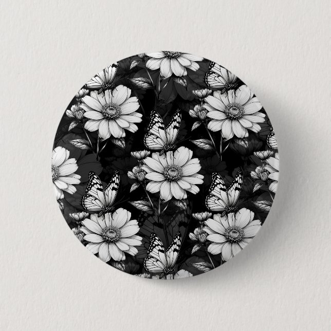 Butterfly On Flower Pattern Design - Black  2 Inch Round Button (Front)