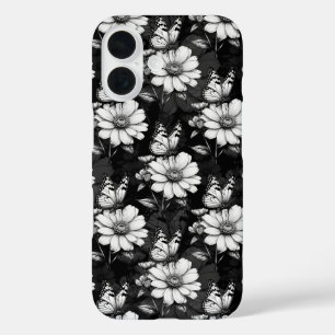 Butterfly On Flower Pattern Design - Black  iPhone 16 Case