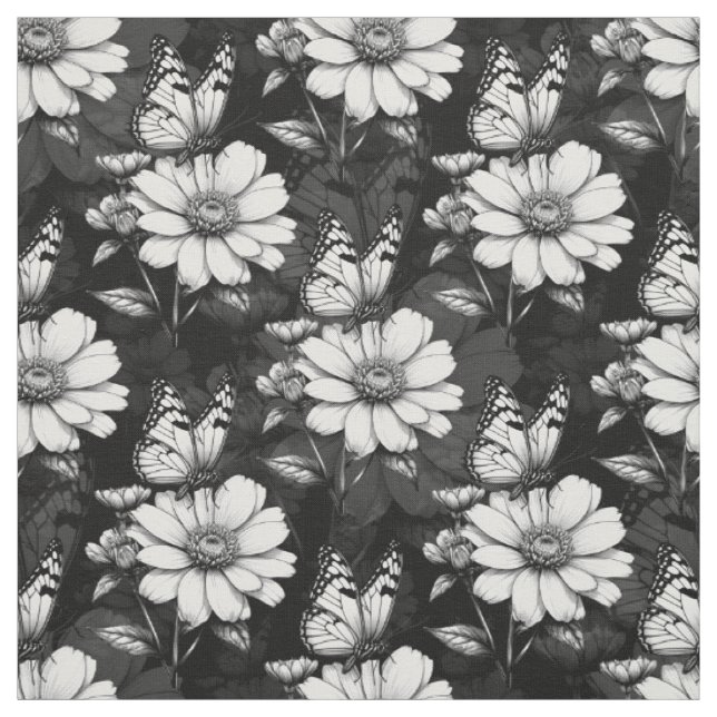 Butterfly On Flower Pattern Design - Black  Fabric (Swatch)