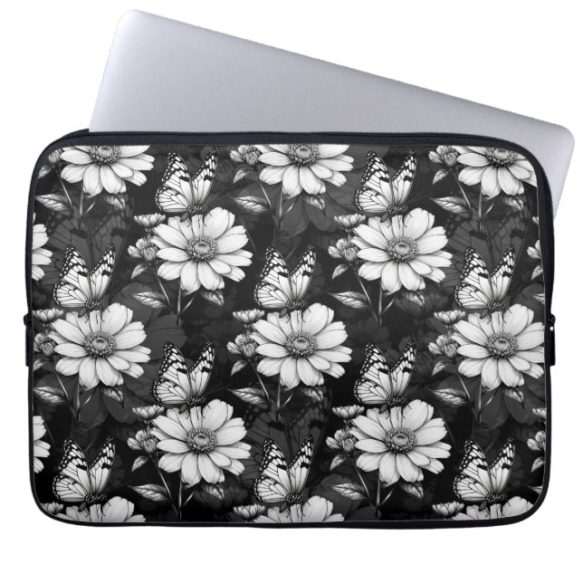 Butterfly On Flower Pattern Design - Black  Laptop Sleeve (Front)
