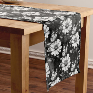 Butterfly On Flower Pattern Design - Black Short Table Runner