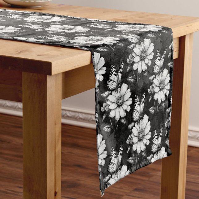 Butterfly On Flower Pattern Design - Black  Short Table Runner (Creator Uploaded)