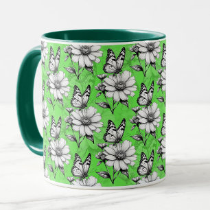 Butterfly On Flower Pattern Green Design Mug