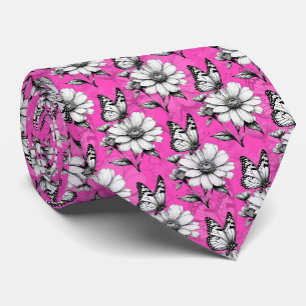 Butterfly On Flower Pattern Pink Design Tie