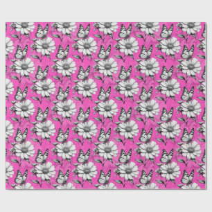 Butterfly On Flower Pattern Pink Design Wrapping Paper