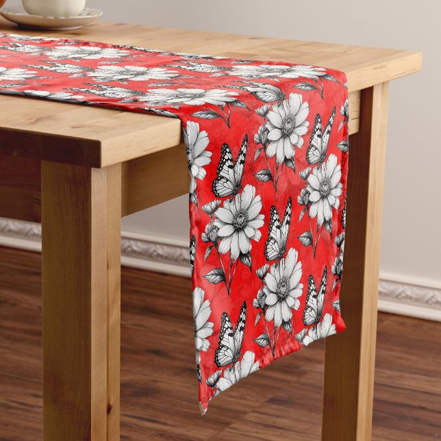 Butterfly On Flower Pattern Red Design   Short Table Runner (Creator Uploaded)