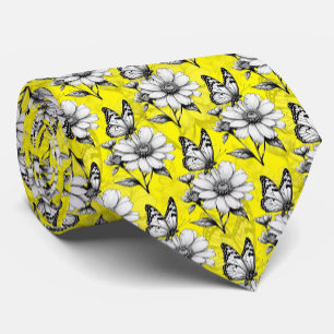 Butterfly On Flower Pattern Yellow Design Tie