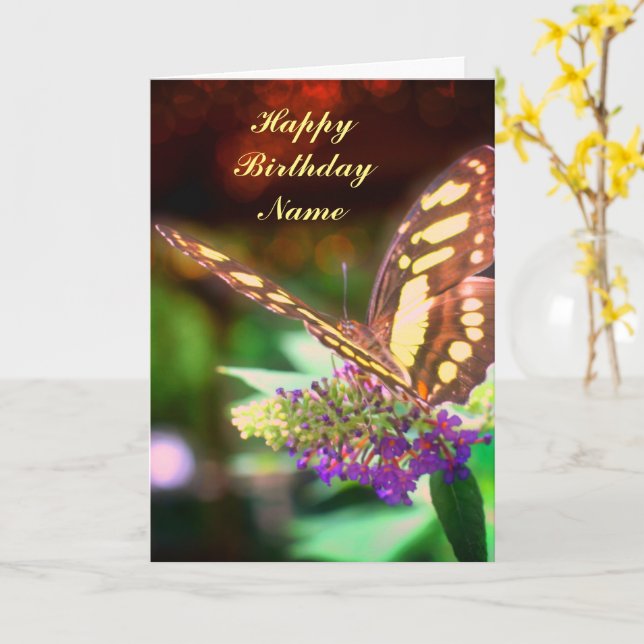 Butterfly On Flower Personalized Birthday Card (Yellow Flower)