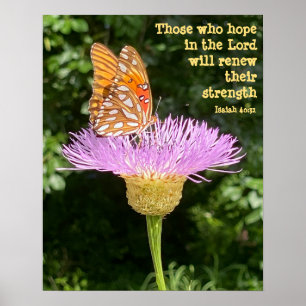 Butterfly on Flower w Verse from Isaiah 40:31 Poster
