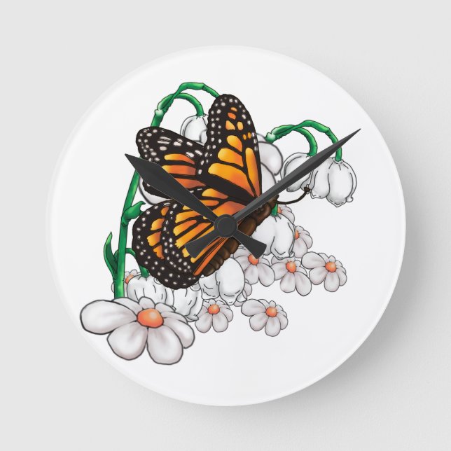 Butterfly on flowers round clock (Front)