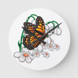 Butterfly on flowers round clock