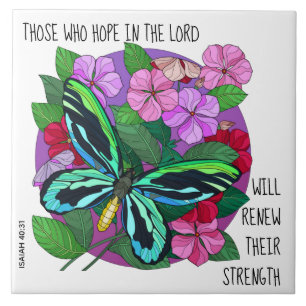 Butterfly on Flowers, w verse from Isaiah 40:31 Tile