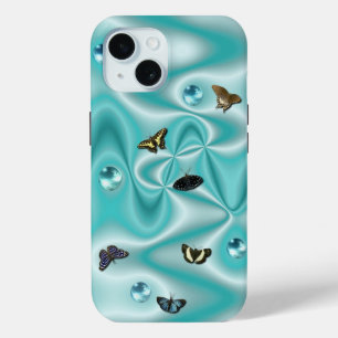 Butterfly on Green Silk with Pearls iPhone 15 Case