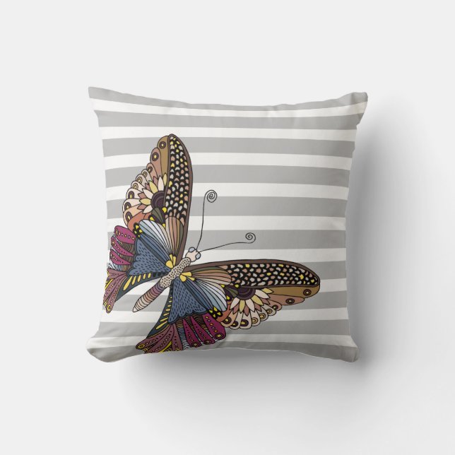 Butterfly on Grey & White Stripes Throw Pillow (Front)