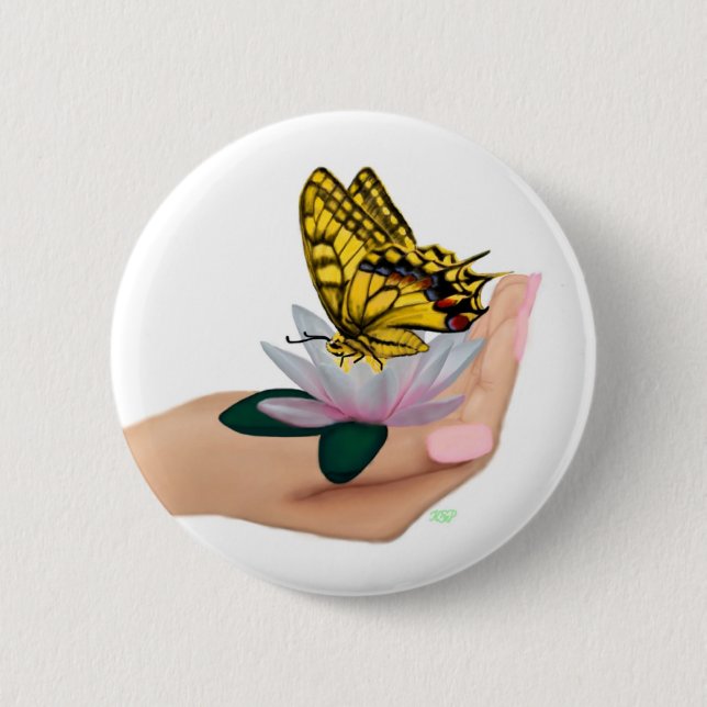 Butterfly on Lotus Bloom 2 Inch Round Button (Front)