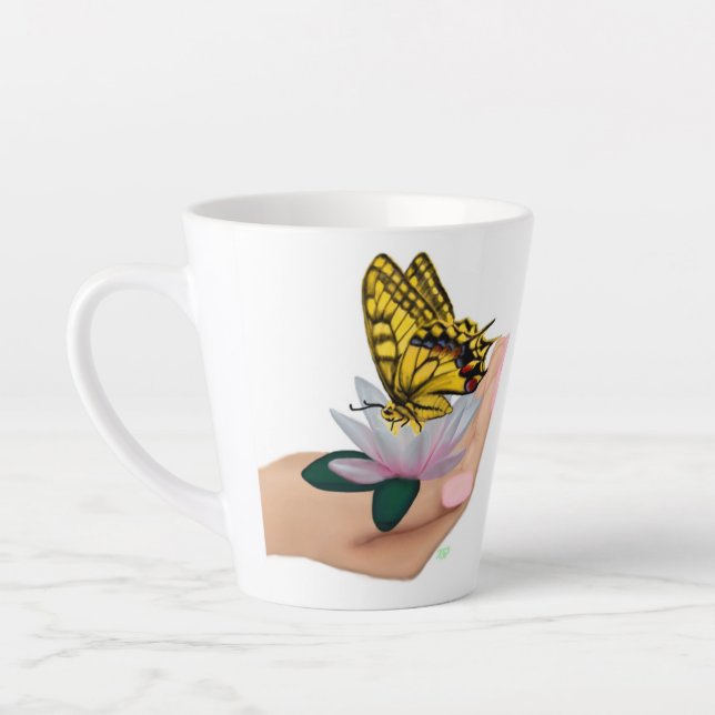 Butterfly on Lotus Bloom Latte Mug (Left)