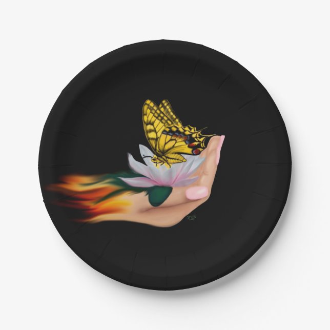 Butterfly on Lotus Bloom Paper Plate (Front)
