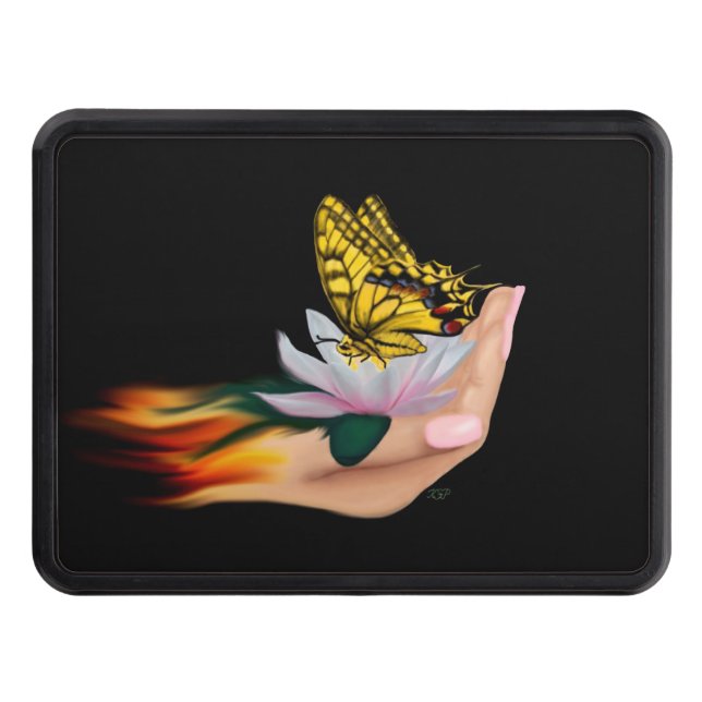 Butterfly on Lotus Bloom Trailer Hitch Cover (Front)