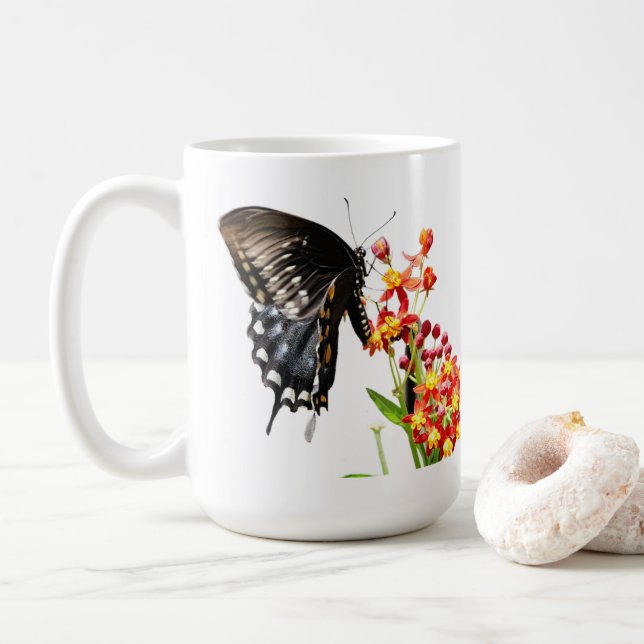 Butterfly on Milkweed Blooms, on White Coffee Mug (With Donut)