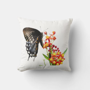 Butterfly on Milkweed Blooms, White Throw Pillow