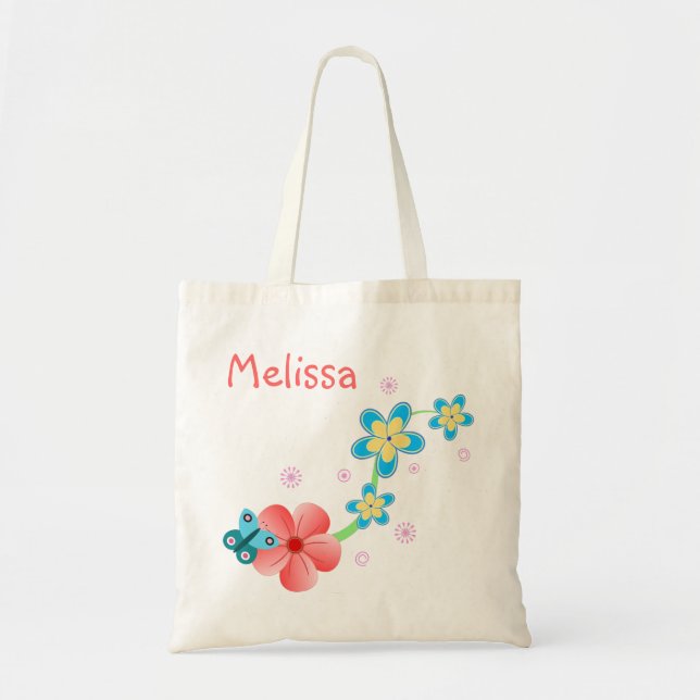 Butterfly on Pink and Blue Flowers Budget Tote Bag (Front)