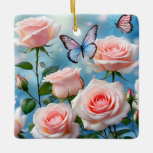 Butterfly On Pink Flower Ceramic Ornament