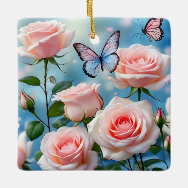 Butterfly On Pink Flower Ceramic Ornament (Front)