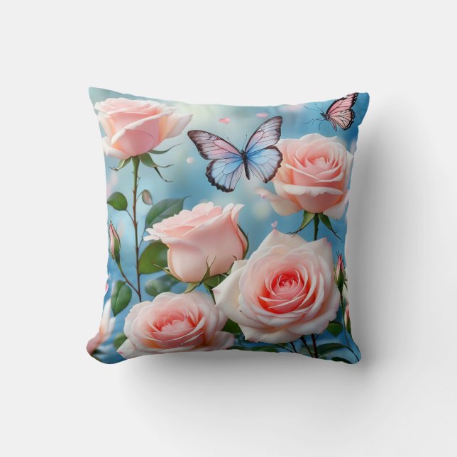 Butterfly On Pink Flower Throw Pillow (Front)