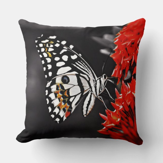 Butterfly on Red Flowers Throw Pillow (Front)