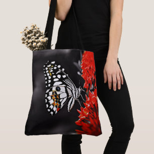 Butterfly on Red Flowers Tote Bag