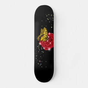 Butterfly on red rose with asterisks rain drops skateboard