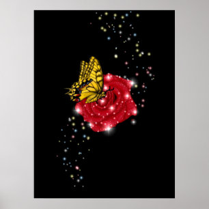 Butterfly on red rose with asterisks & raindrops poster
