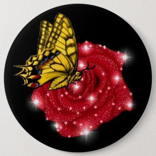 Butterfly on red Rose with Stars and Raindrops 6 Inch Round Button