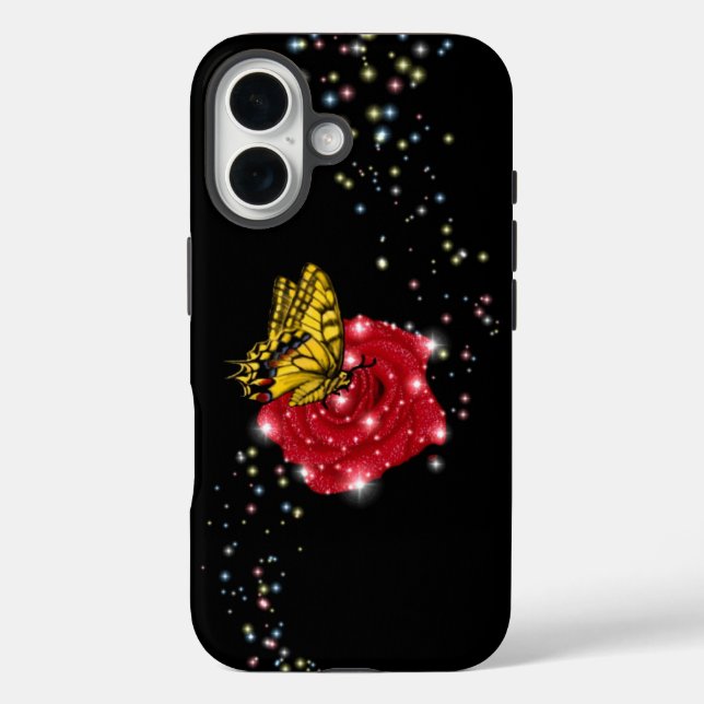 Butterfly on red Rose with Stars and Raindrops Case-Mate iPhone Case (Back)