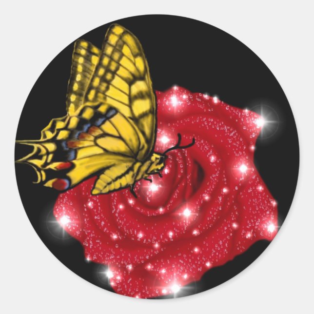 Butterfly on red Rose with Stars and Raindrops Classic Round Sticker (Front)