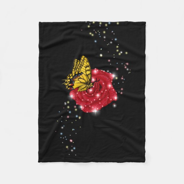 Butterfly on red Rose with Stars and Raindrops Fleece Blanket (Front)