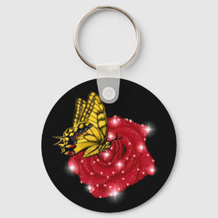 Butterfly on red Rose with Stars and Raindrops Keychain