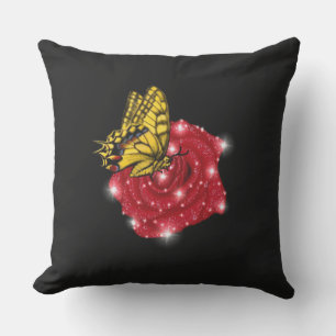 Butterfly on red Rose with Stars and Raindrops Outdoor Pillow