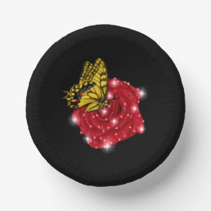 Butterfly on red Rose with Stars and Raindrops Paper Plate
