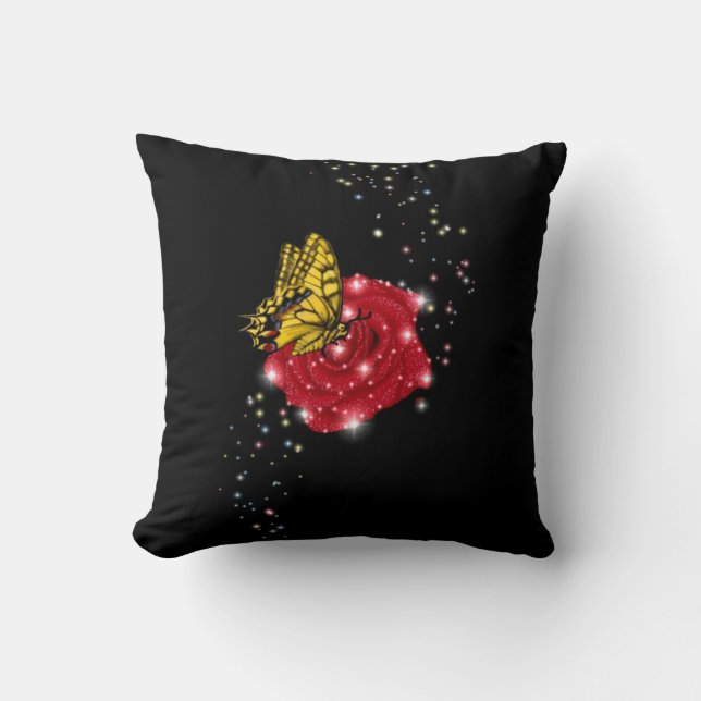 Butterfly on red Rose with Stars and Raindrops Throw Pillow (Front)