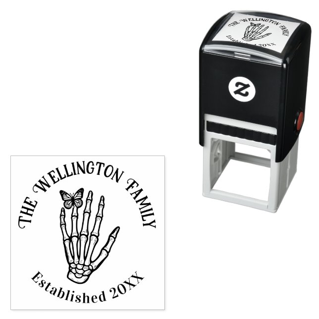 Butterfly on Skeleton Hand Family Name Date Estd  Self-inking Stamp (In Situ)