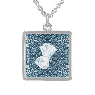 butterfly on teal with swirls dots and squiggles sterling silver necklace