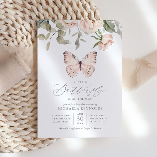 Butterfly on the Way Pink Floral Girl Baby Shower Invitation (Creator Uploaded)